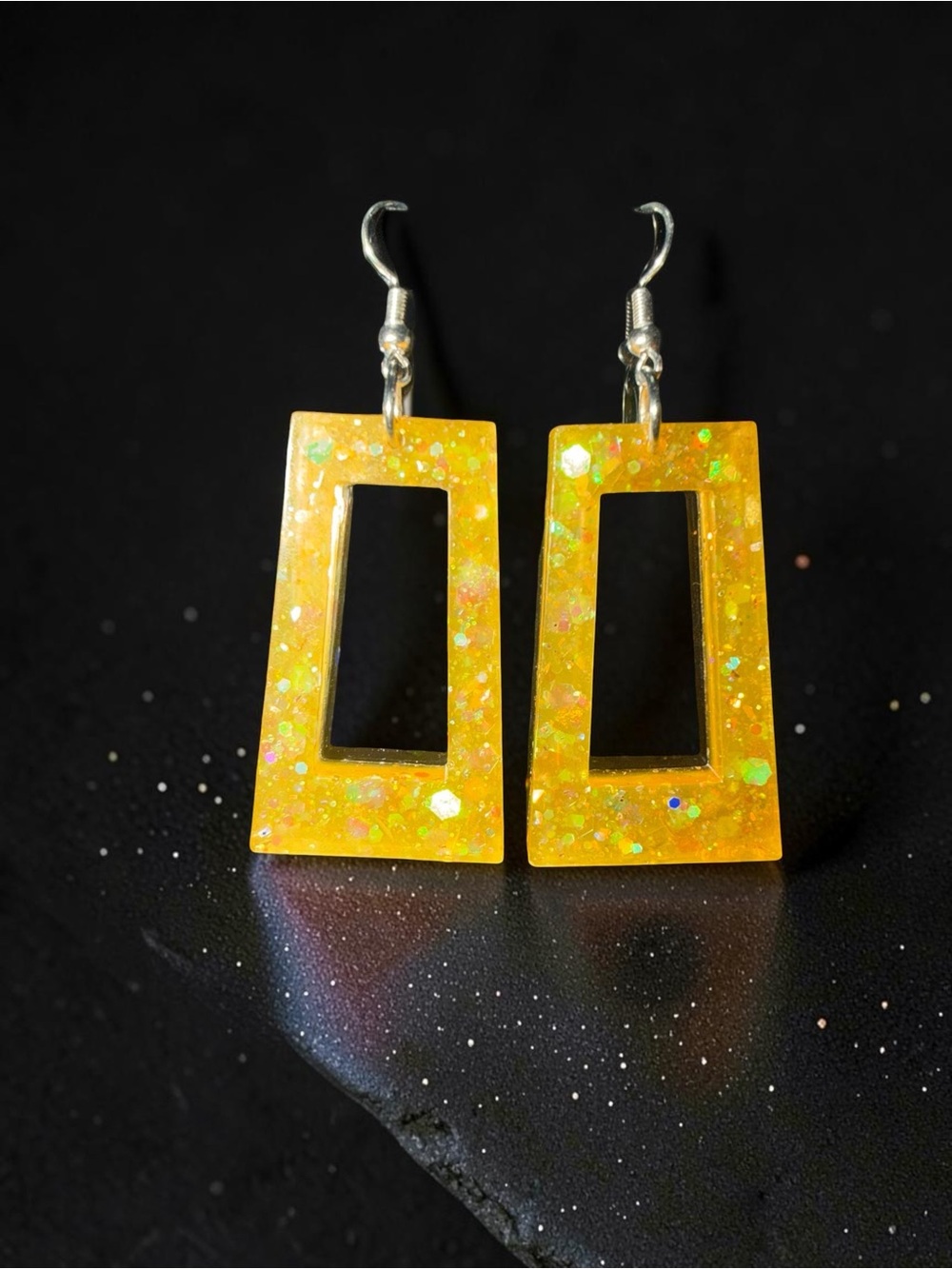 Handmade Golden Yellow Glitter Resin Geometric Dangle Earrings